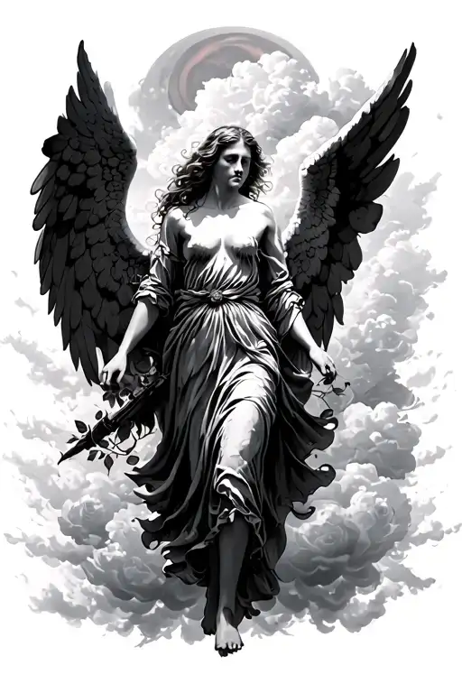 angel walking walking away into the clouds looking over there left shoulder, ok there right shoulder a quiver of roses tattoo design idea