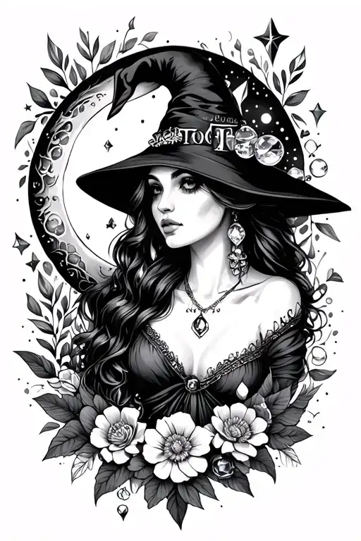 witchy tattoo featuring a woman, moon, crystals, stars and florals tattoo design idea