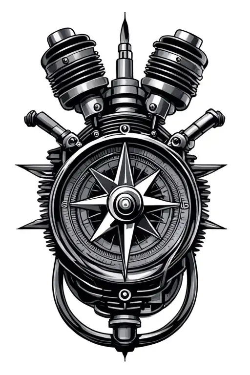 compass, cannon motorbike engine intertwined tattoo design idea