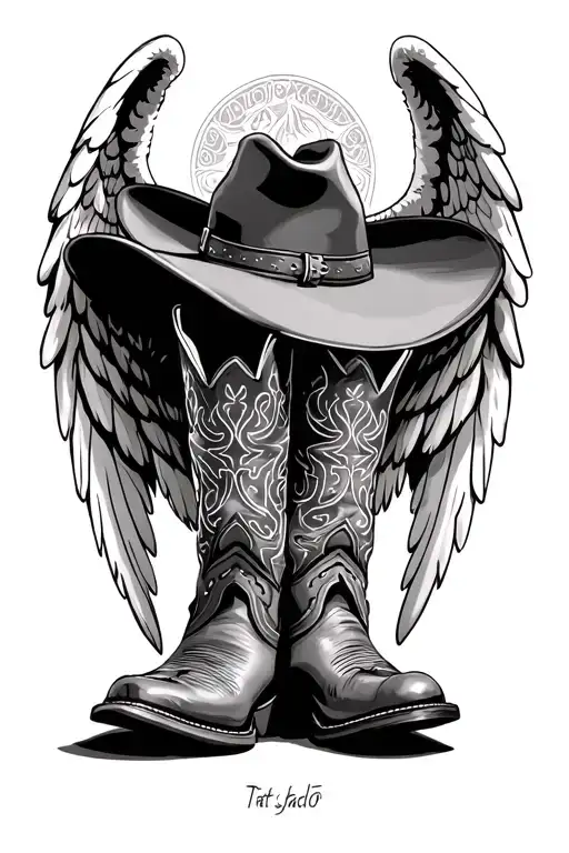 cowboy boots and cowboy hat on top with angel wings tattoo design idea