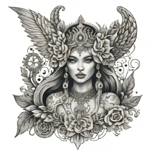 Fantasy queen adorned with intricate lace patterns and magical runes tattoo design idea