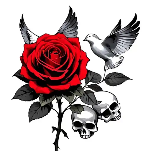 red rose with doves flying and skulls tattoo design idea