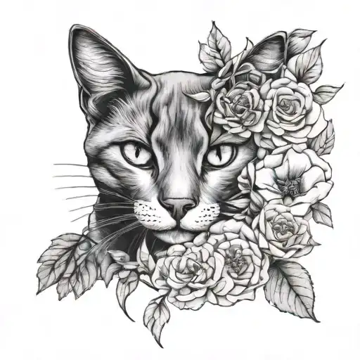 woman holding cat curled surrounded by big flowers tattoo design idea