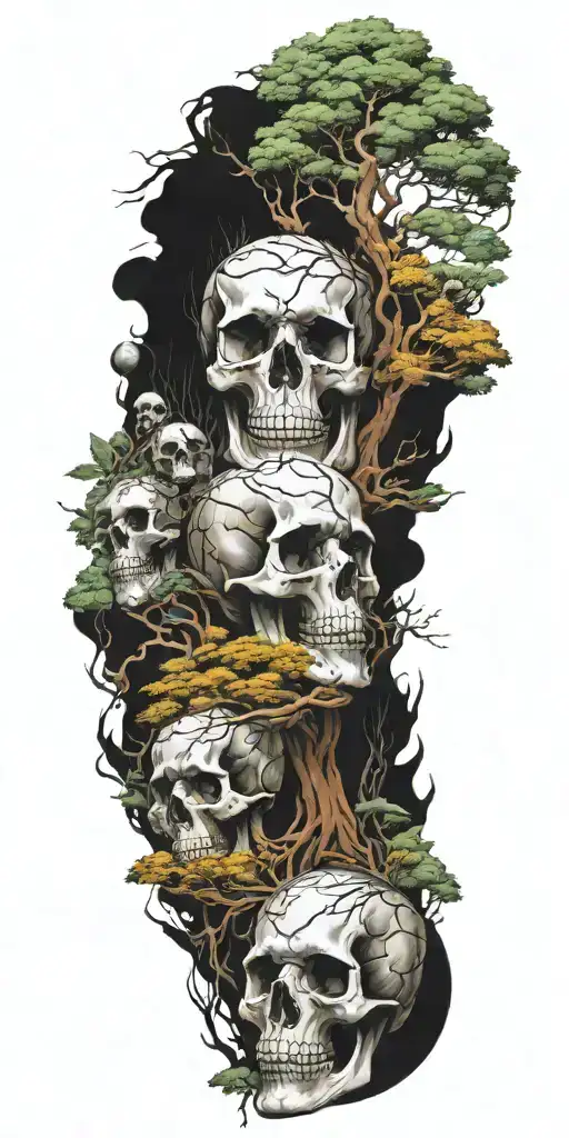 A mysterious forest scene with towering trees and hidden skulls scattered throughout tattoo design idea