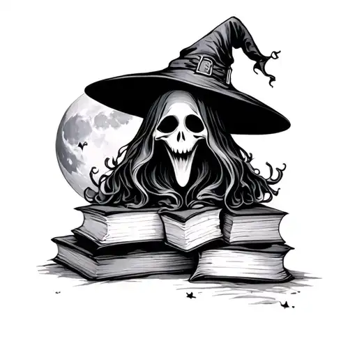 ghost with a witch hat, moon, books  tattoo design idea