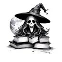 ghost with a witch hat, moon, books  tattoo design idea