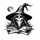 ghost with a witch hat, moon, books  tattoo design idea
