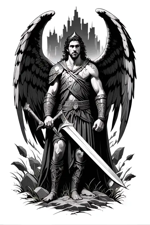 An roman angel warrior, wielding his sword in the woods surrounded by tombstones. Having an empty script on his legs  tattoo design idea