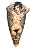 anime pinup girl nude woman posing with the words Quality Care tattoo design idea