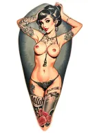 anime pinup girl nude woman posing with the words Quality Care tattoo design idea