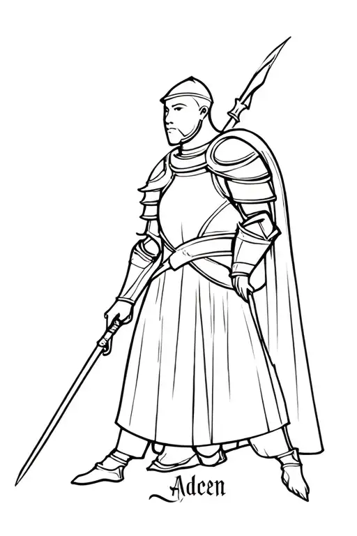 Outline of a knightly figure with accents and the name "Aiden" in the accent tattoo design idea