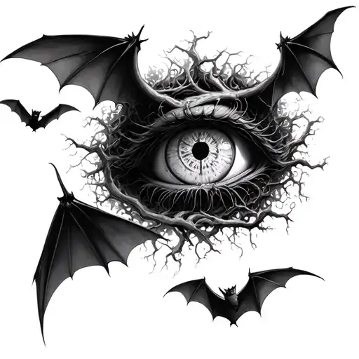Money root of all evil bats flying away amd the eye of rah observing tattoo design idea