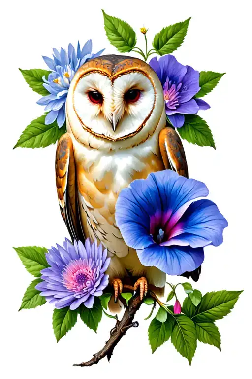 barn owl, morning glory, aster, rose, honeysuckle tattoo design idea