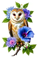 barn owl, morning glory, aster, rose, honeysuckle tattoo design idea