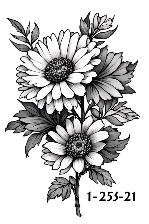 memorial tattoo with cosmo and marigold flower with the date 1-25-21 on the stem tattoo design idea