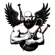 scottish bagpiper bald black beard  muscular wearing pipes in arm big black wings shirtless tattoo calm face tattoo design idea