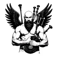 scottish bagpiper bald black beard  muscular wearing pipes in arm big black wings shirtless tattoo calm face tattoo design idea