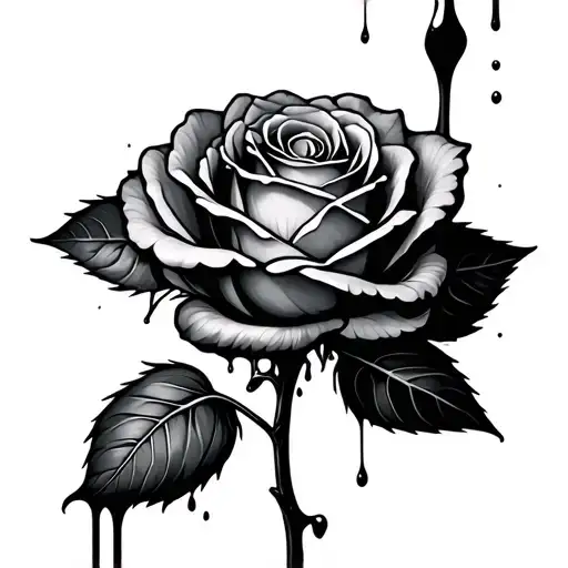 A rose black and gray growing out of the open wound. Blood runs down the side of plant stem on to the rose petals  tattoo design idea