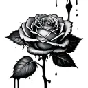 A rose black and gray growing out of the open wound. Blood runs down the side of plant stem on to the rose petals  tattoo design idea