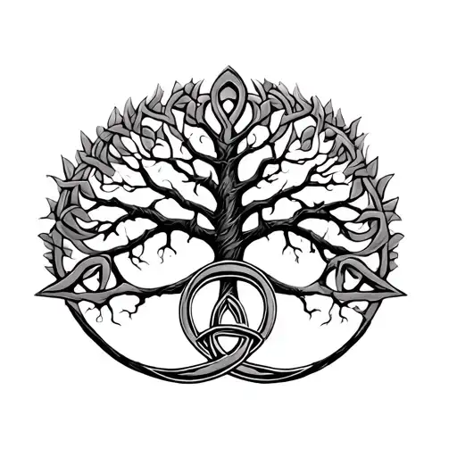 black and grey small celtic tree of life with trinity knot below tattoo design idea