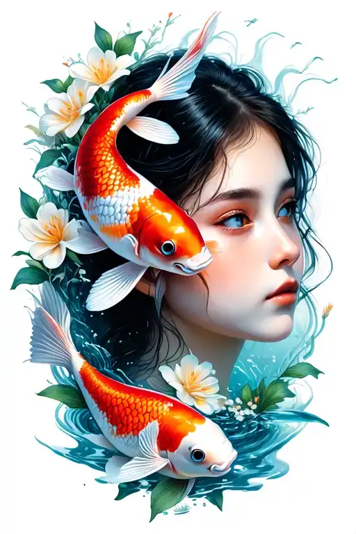 flowers and koi fish surrounding girls face tattoo design idea