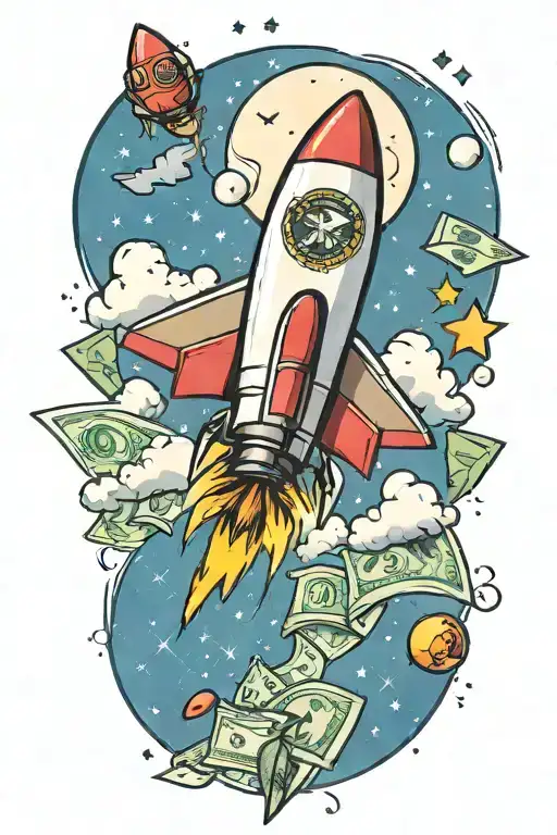 rocket flying with money signs and music notes tattoo design idea