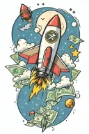 rocket flying with money signs and music notes tattoo design idea