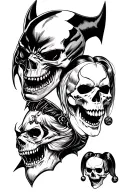 Make an image of Batman skull king shark skull and Harley Quinn skull representing hear no evil see no evil speak no evi tattoo design idea
