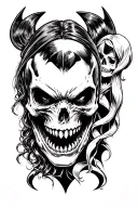 Make an image of Batman skull king shark skull and Harley Quinn skull representing hear no evil see no evil speak no evi tattoo design idea