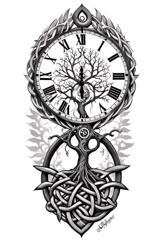 celtic tree of life clock surrounded by celtic knot tattoo design idea