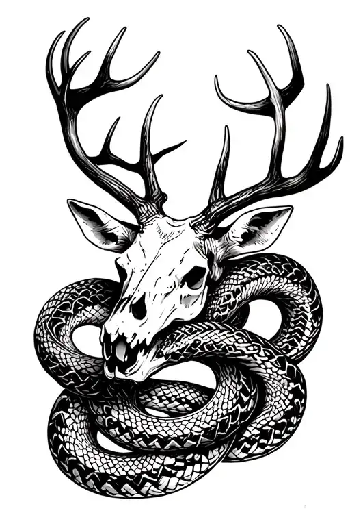 stag skull with snake in antlers intertwined tattoo design idea