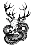 stag skull with snake in antlers intertwined tattoo design idea