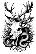 stag skull with snake in antlers intertwined tattoo design idea