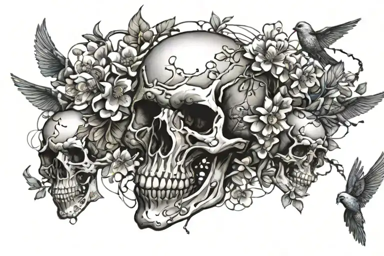 An intricate design of cherry blossoms forming the shape of skulls, with birds flying around them tattoo design idea