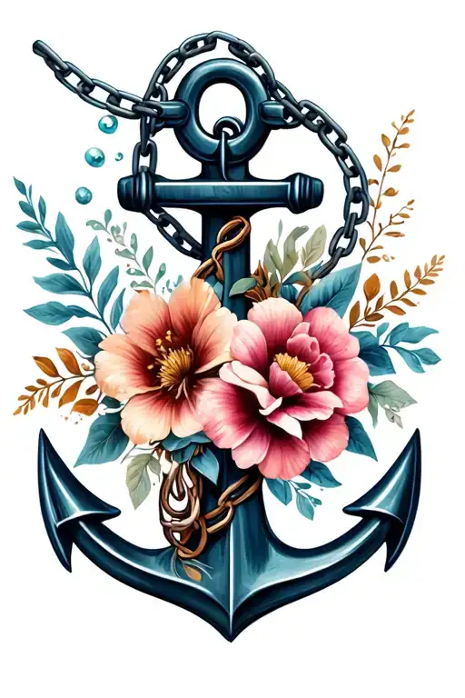 realistic anchor, chain flowers, vines, boho, forearm sleeve, water  tattoo design idea