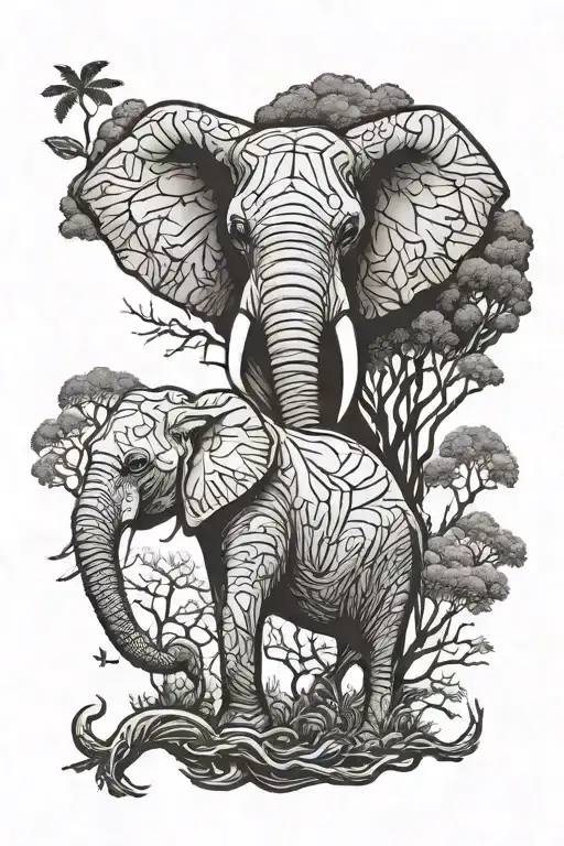 half an elephant head and half a savannah tree tattoo design idea