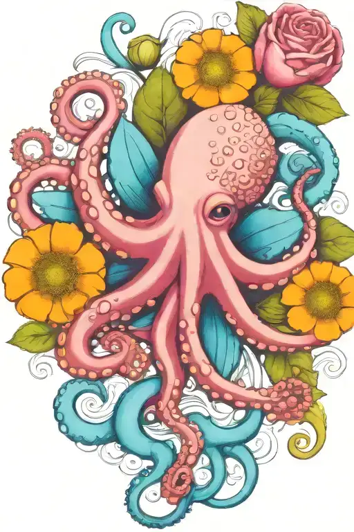 octopus, white snowdrop, rose,  marigold flower tattoo design idea