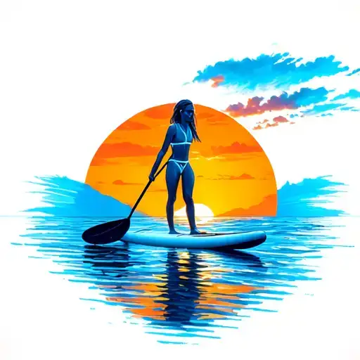female Paddleboarder with sunset beach tattoo design idea