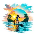 female Paddleboarder with sunset beach tattoo design idea