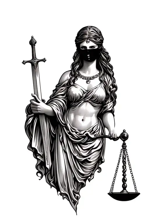 lady justice with a black blindfold,, holding a sword tip down in her right hand and scales of justice in her left tattoo design idea