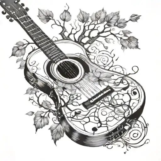 acoustic guitar fusionned with a tree and visible branches and falling leaves and music notes emanating from branches  tattoo design idea