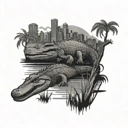 swamp with a gator and the Louisiana skyline in the background tattoo design idea