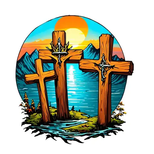 3 wooden crosses, middle one having thorn of crowns on it, surrouned by mountains, water, and a sunset over the top tattoo design idea