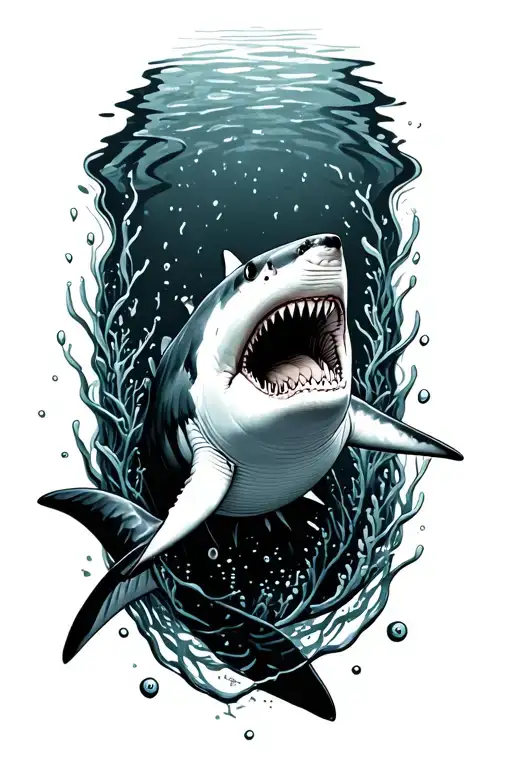 underwater shark swimming black and white drawing tattoo design idea