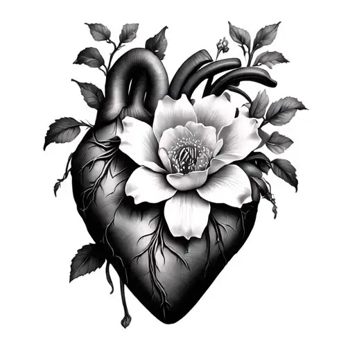 anatomic and flower heart tattoo design idea