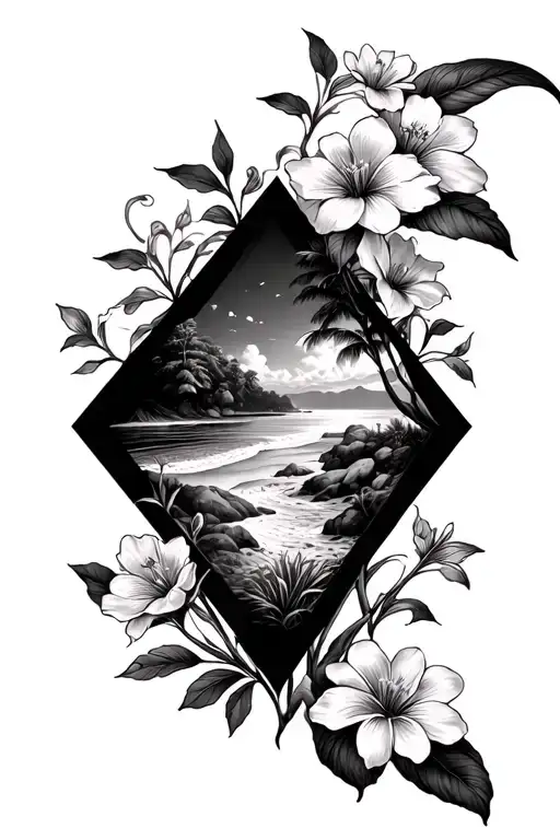 flowers wrapping around a diamond shaped beach landscape tattoo design idea