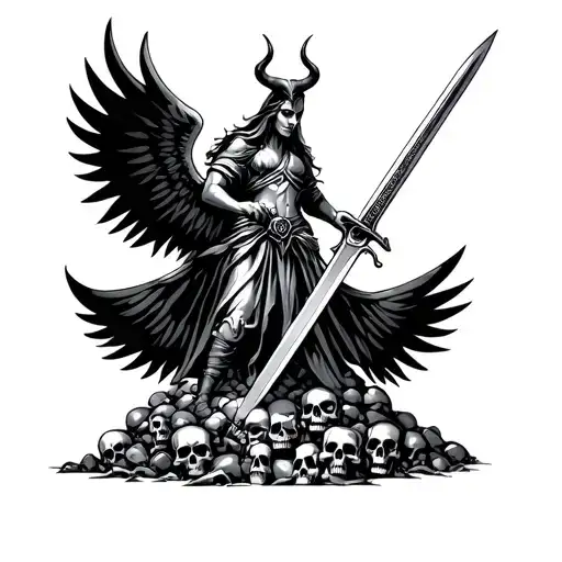 Which has a winged shape with horn, which is holding the sword and standing on a pile of skulls. "Sword o it with design" tattoo design idea