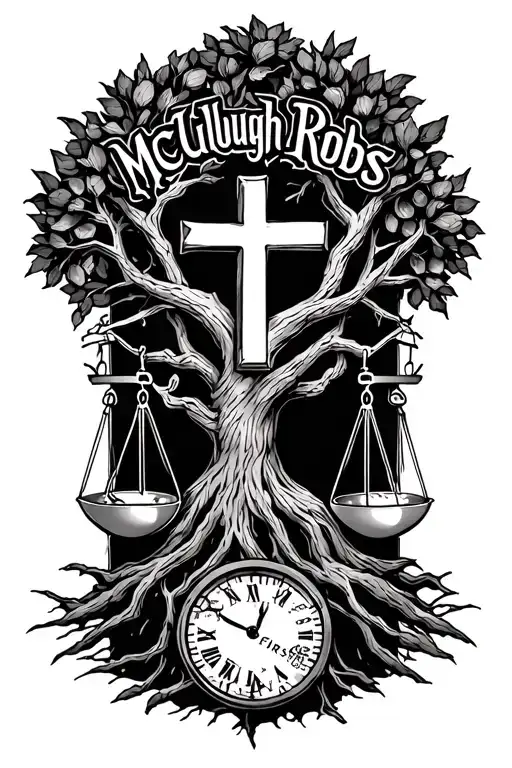 "McCullough Robbs Christ First" "McCullough Robbs"  tree of life intertwined with cross, libra scales and a hourglass  tattoo design idea