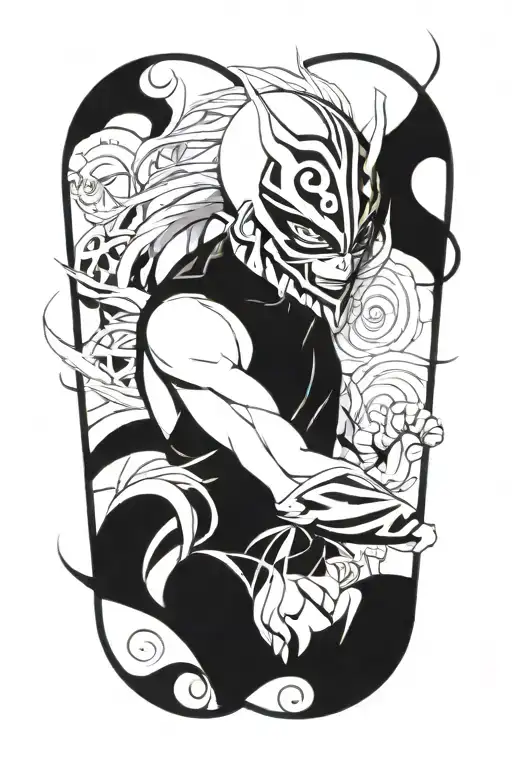 anime character wearing a mask fighting off inner demons tattoo design idea