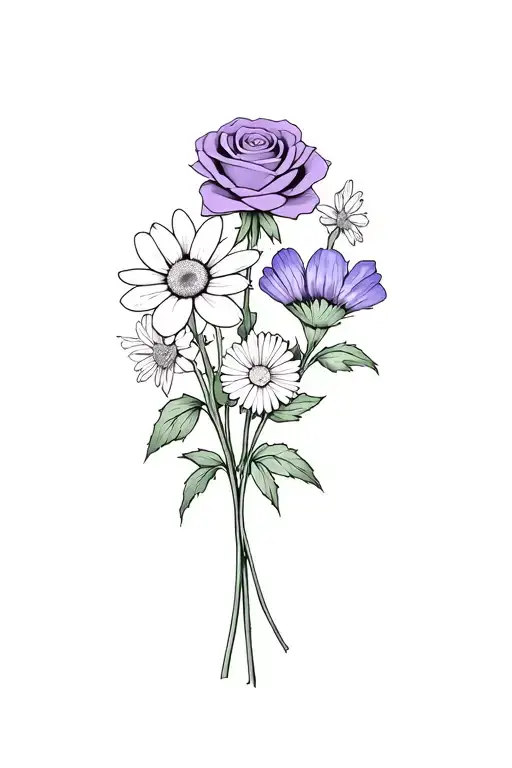bouquet of one rose one daisy one violet and two narcissus flowers hold by a plaster  tattoo design idea